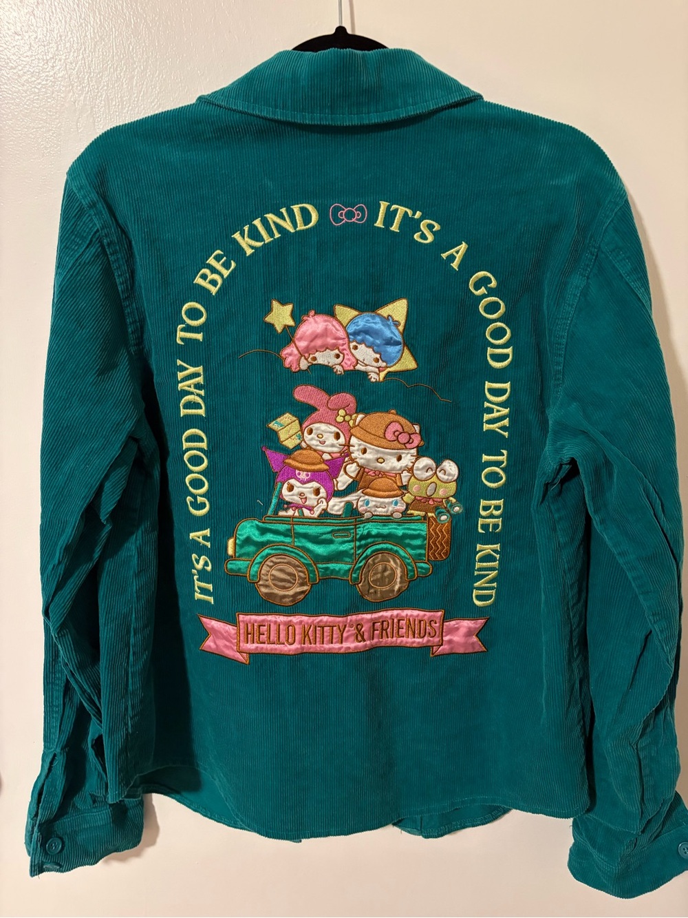 Hello Kitty Teal Corduroy Button-Down Shirt with Colorful Back Graphic